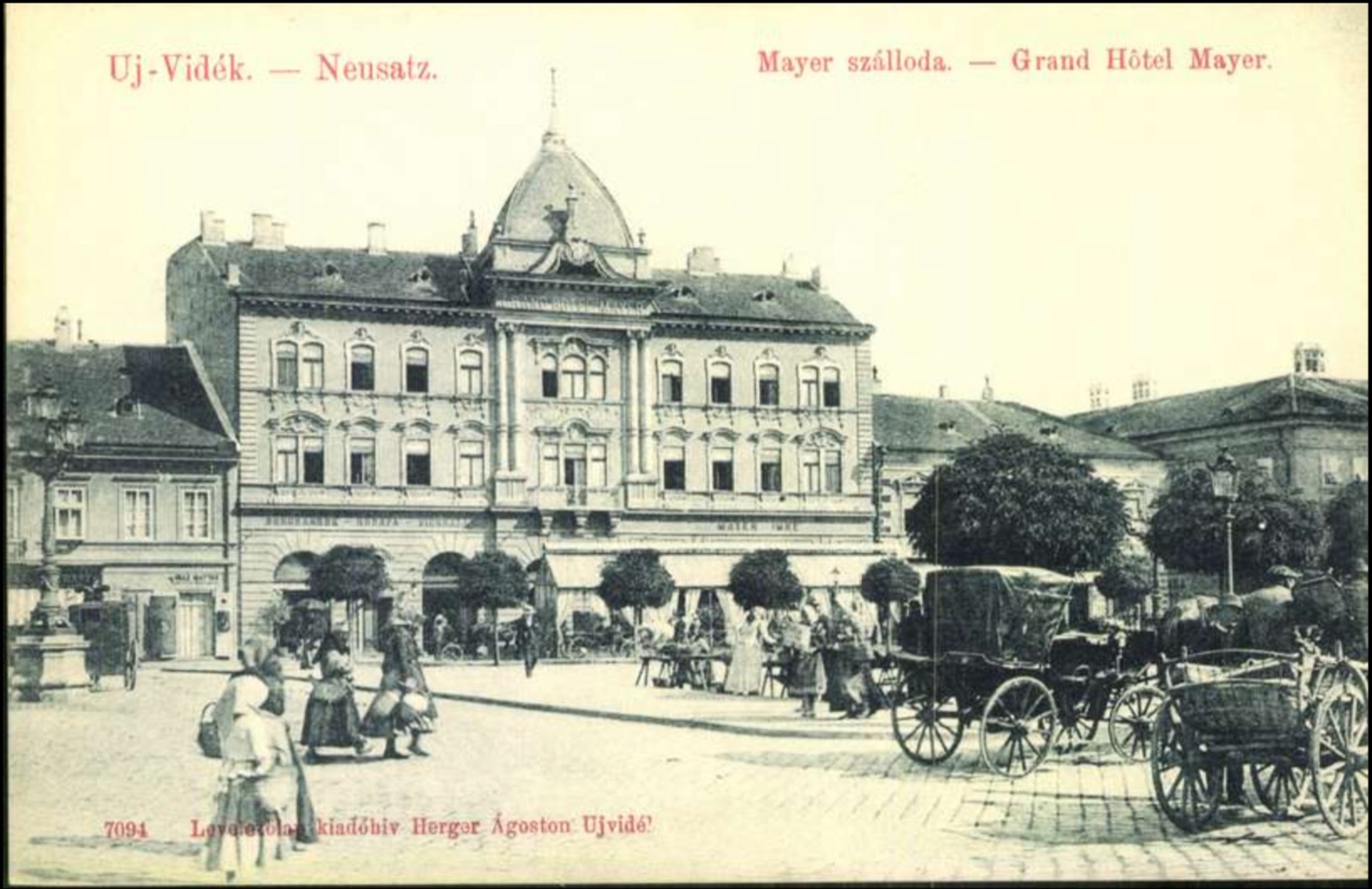 Das Grand Hôtel Mayer, mit Marktwagen davor, Neusatz, 1896–1918