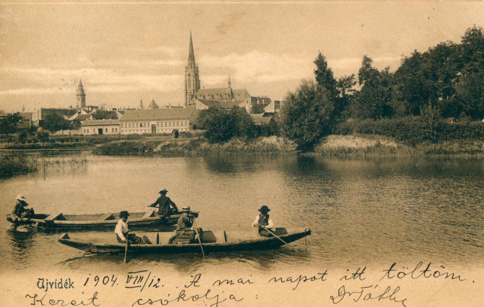 Punts on the water, the spire beyond, Danube Park, Novi Sad, 12 August 1904