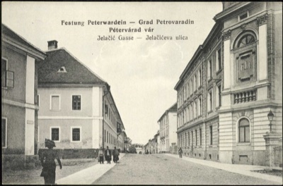 Jelačić Street, Petrovaradin, a Uniformed Figure at the Corner, Novi Sad, 1896–1918