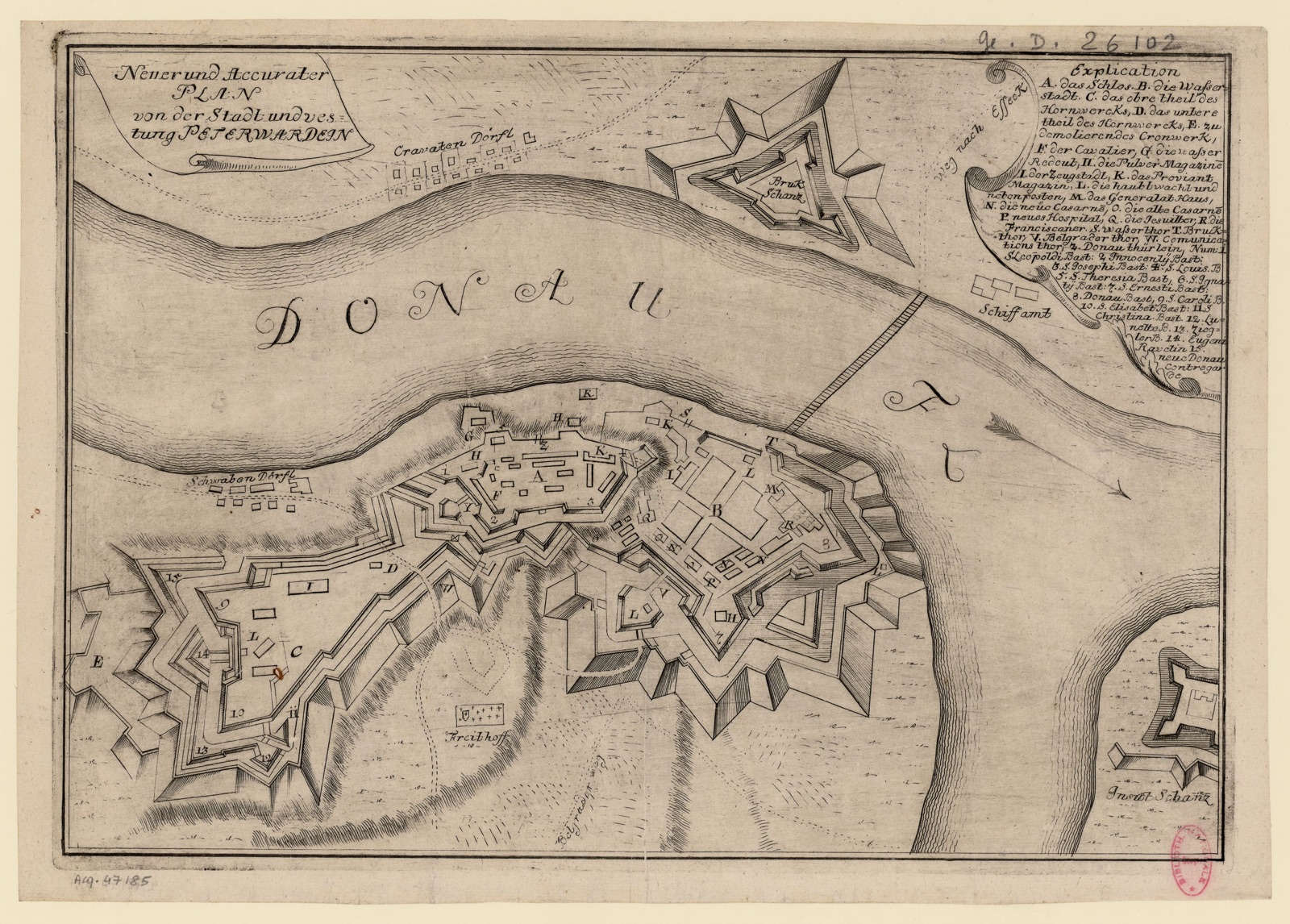 Plan of the town and fortress of Petrovaradin with its named bastions, Petrovaradin Fortress, 18th century