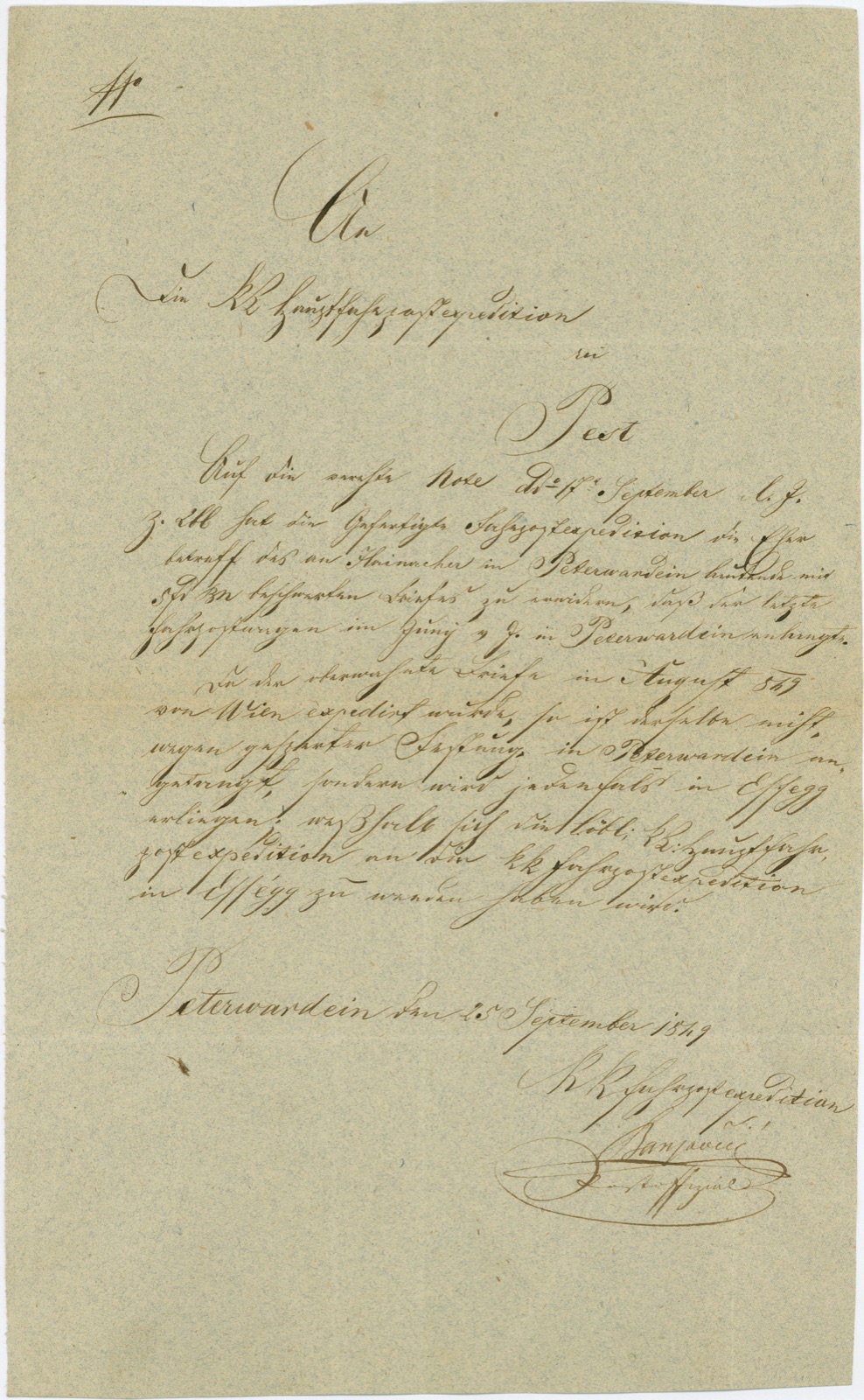 Letter of the Peterwardein mail-coach office, 1849, Novi Sad