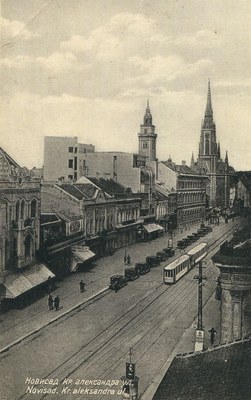 Trams on King Alexander Street from above, Kralja Aleksandra Street, Novi Sad, 1934