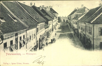 Beogradska Street toward the Belgrade Gate, a horse cart at the arch, Petrovaradin, Novi Sad, by August 1900