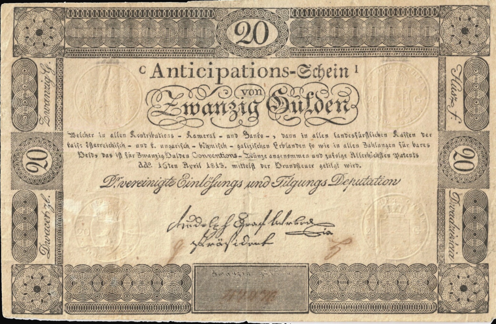 Twenty-gulden anticipation note, Vienna, 1813, Novi Sad