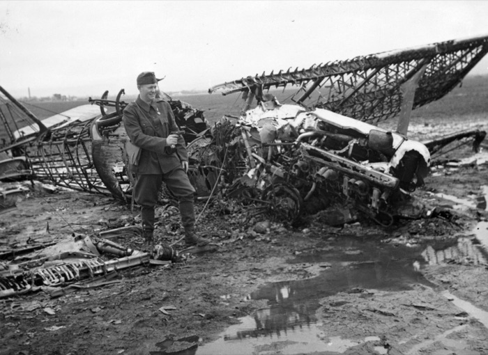 A Soldier Beside the Wreckage of a Breguet 19, Novi Sad Airport, 1941, Novi Sad Airfield