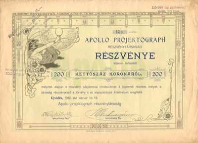 Apollo Projektograph Share Certificate, 1912, Novi Sad