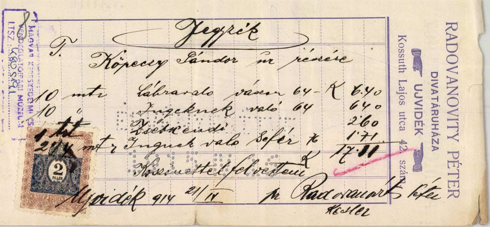 Модна кућа Radovanovity Петер: фактура на меморандуму, Нови Сад, 1914, Kossuth Lajos utca 42, Ujvidek