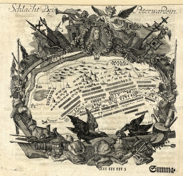 The Battle of Petrovaradin framed by a portrait of Eugene of Savoy, Vezirac, 1716–1918