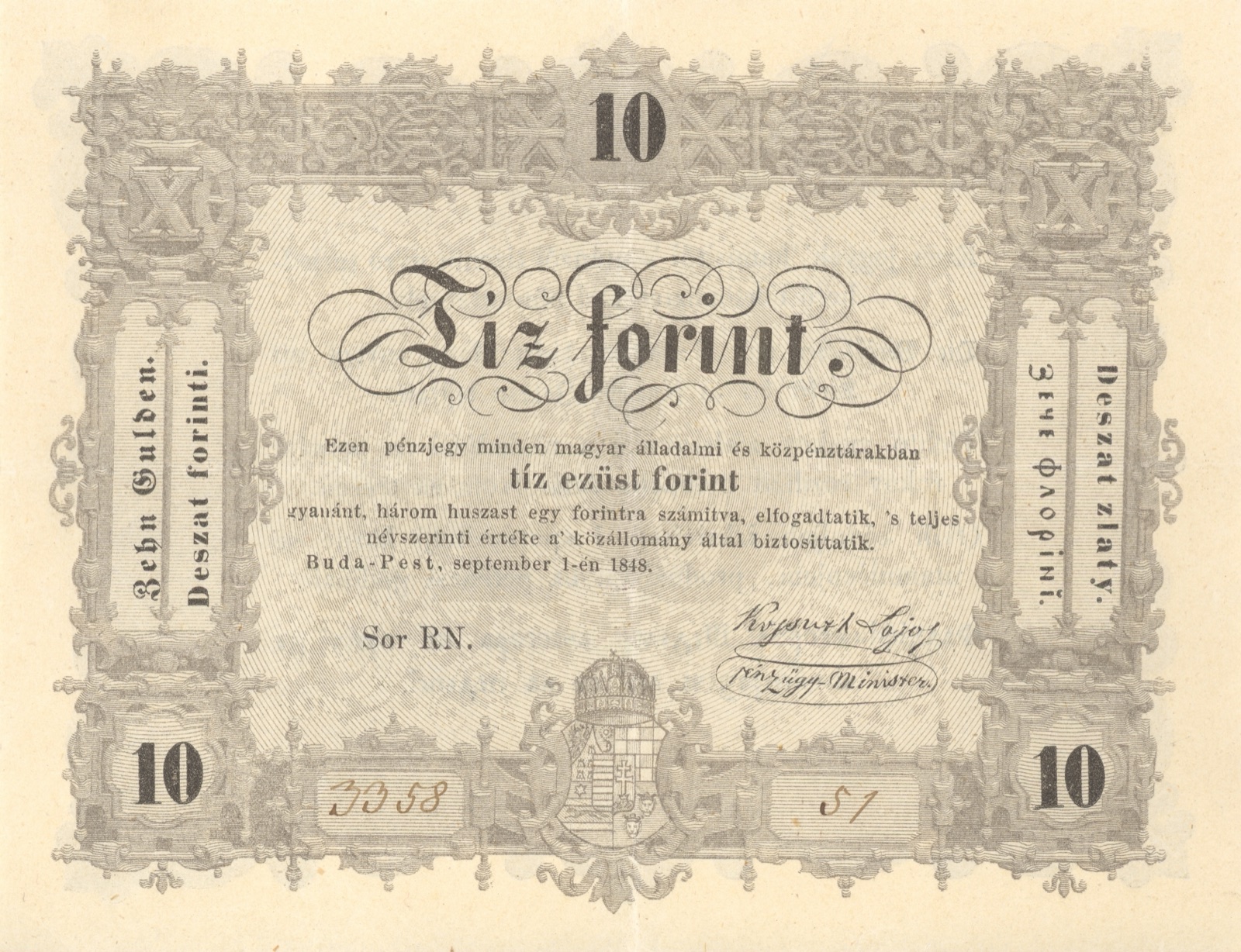 Zehn-Forint-Staatsnote Ungarns, 1848, Neusatz