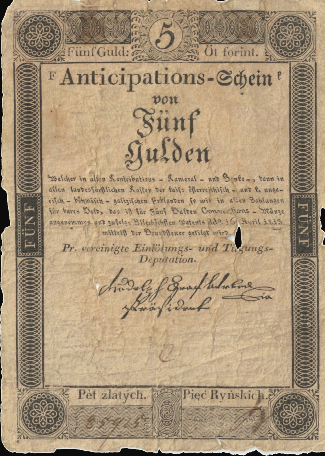 Five-gulden anticipation note, Vienna, 1813, Novi Sad
