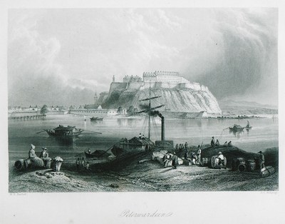 Barrels unloaded on the shore, Petrovaradin Fortress, Novi Sad, undated engraving