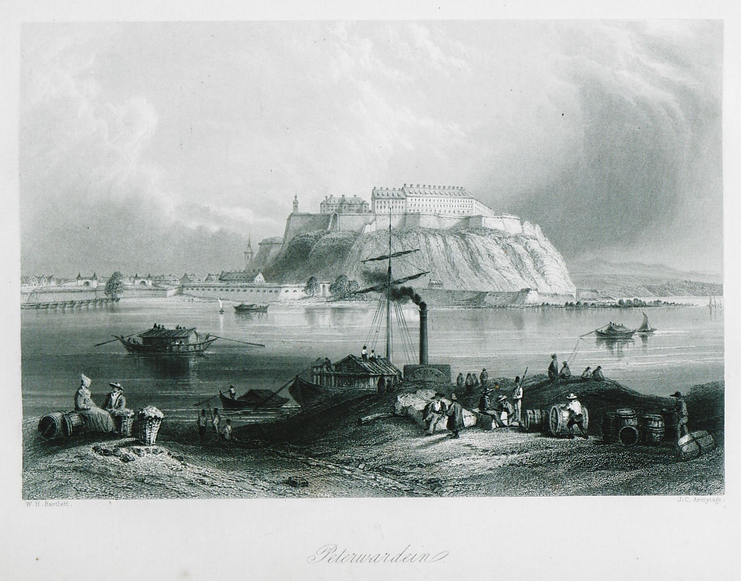 Barrels unloaded on the shore, Petrovaradin Fortress, Novi Sad, undated engraving