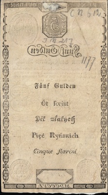 Reverse of the five-gulden Banco-Zettel, 1806, Novi Sad