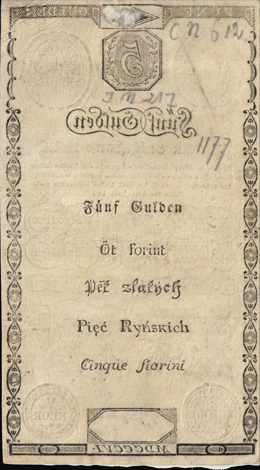 Rückseite des Fünf-Gulden-Banco-Zettels, 1806, Neusatz