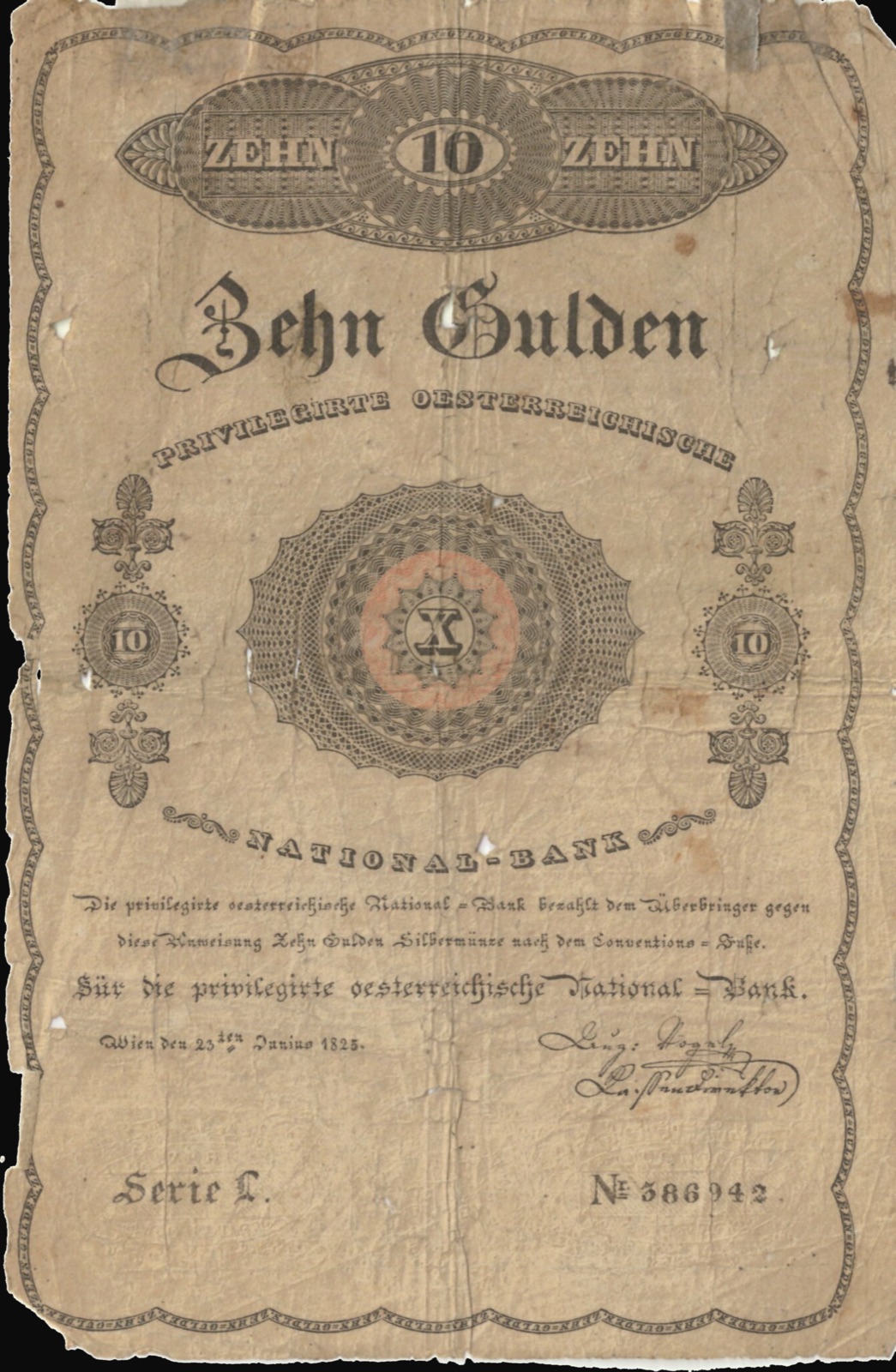 Ten-gulden note of the National Bank, Vienna, 1825, Novi Sad