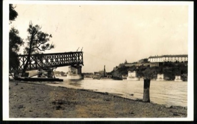 The destroyed railway bridge, Petrovaradin Fortress beyond, Novi Sad, by November 1941