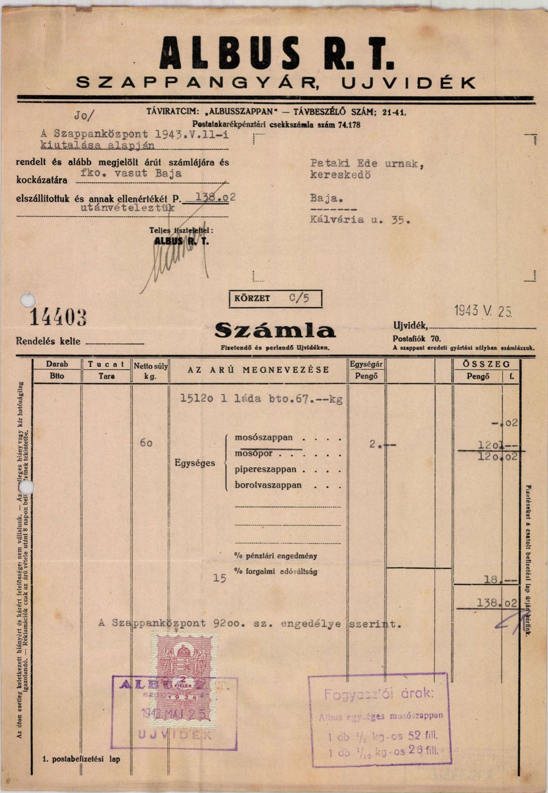 Albus soap factory invoice, Novi Sad, 25 May 1943, Ujvidek (telegraph address Albusszappan, telephone 21-41, P.O. Box 70; no street printed)
