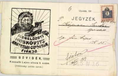 Moskovits Anatomical Shoe Factory branch invoice, Novi Sad, Kossuth Lajos utcza 5, Ujvidek (corner of the Hitkozsegi palota), 1914