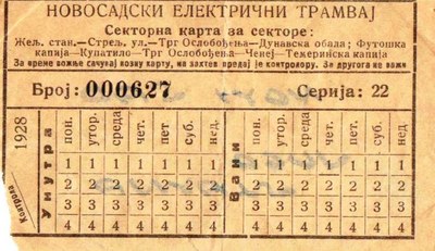 A sector ticket for the Novi Sad electric tram, 1928