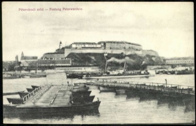 Petrovaradin fortress, with a smoking steamer on the Danube, 1896–1918