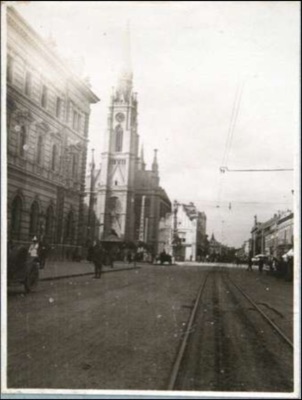 Tram Tracks Curving Past the Roman Catholic Church, Name of Mary Church, Novi Sad, 1917