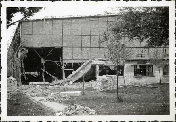 Ruined hangar with a collapsed canopy at the bombed Novi Sad airfield, 1941