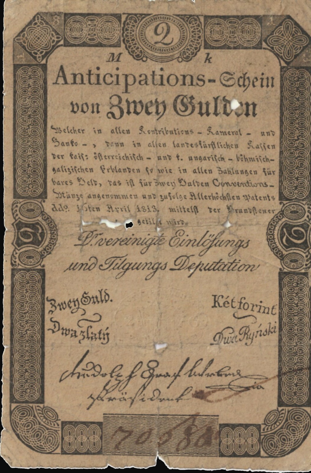 Two-gulden anticipation note, Vienna, 1813, Novi Sad