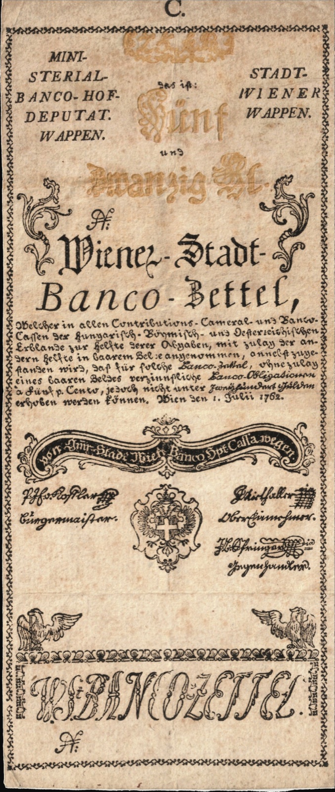 Twenty-five-gulden note of the Vienna City Bank, 1762, Novi Sad